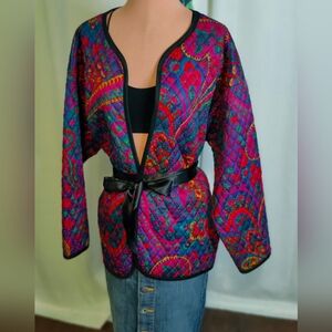 bold psychedelic quilted jacket 70s Vintage neon paisley transition longline  LG